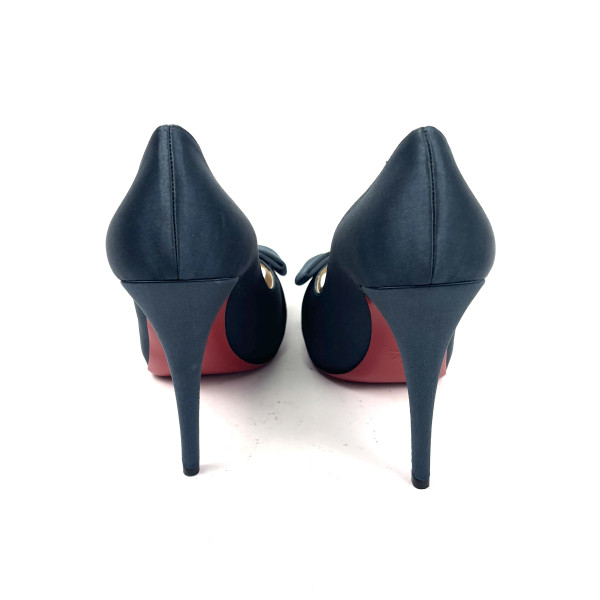 Christian Louboutin Navy Satin Peep-Toe Heels with Bow