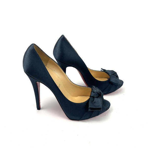 Christian Louboutin Navy Satin Peep-Toe Heels with Bow