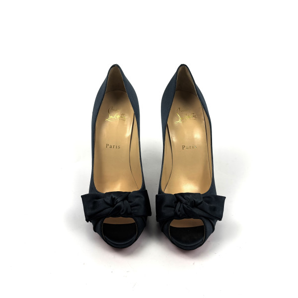 Christian Louboutin Navy Satin Peep-Toe Heels with Bow
