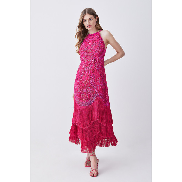 Rent Buy Karen Millen Fringed Beaded Woven Midi Dress MY WARDROBE HQ