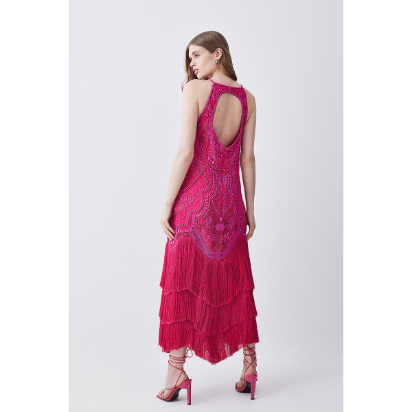 Karen Millen Fringed Beaded Woven Midi Dress
