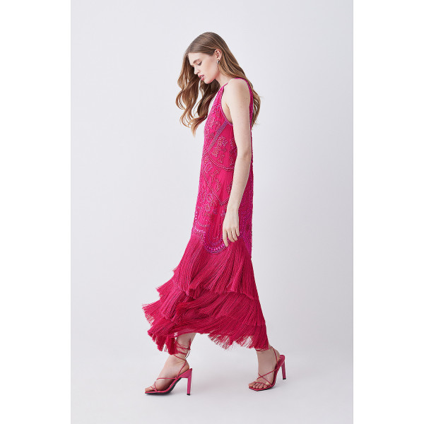 Karen Millen Fringed Beaded Woven Midi Dress
