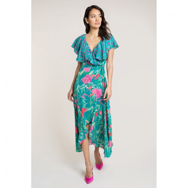 Beulah Ratna Green Floral Wrap Dress