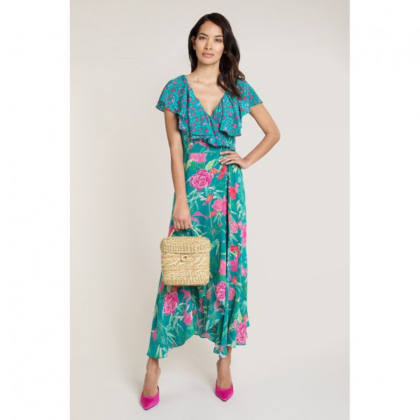 Beulah Ratna Green Floral Wrap Dress