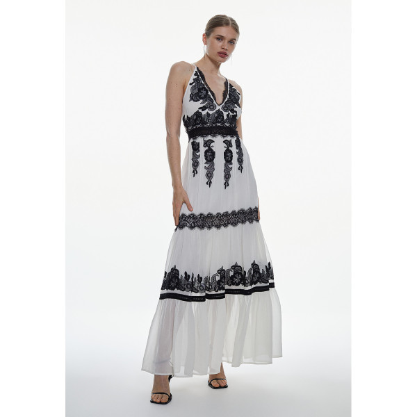 Karen Millen Mixed Lace And Embroidered Woven Halter Maxi Dress