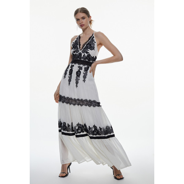 Karen Millen Mixed Lace And Embroidered Woven Halter Maxi Dress