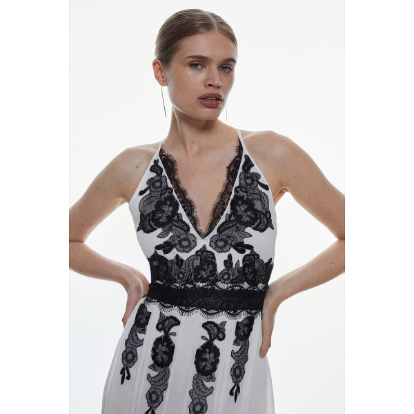 Karen Millen Mixed Lace And Embroidered Woven Halter Maxi Dress