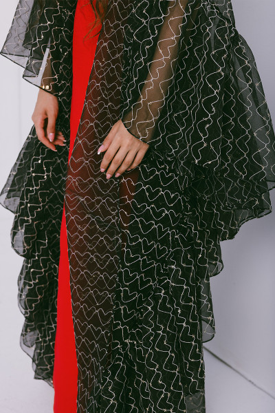 Azzalia Organza abaya with gathered frills on side with heart shaped metallic threads on fabric