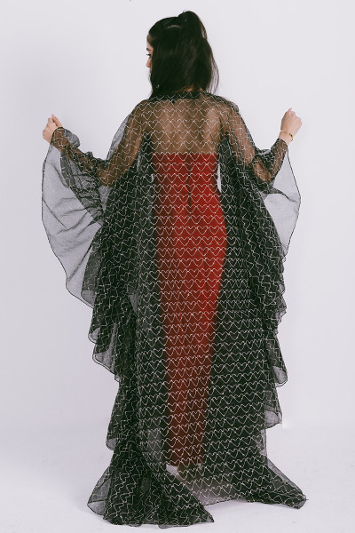 Azzalia Organza abaya with gathered frills on side with heart shaped metallic threads on fabric