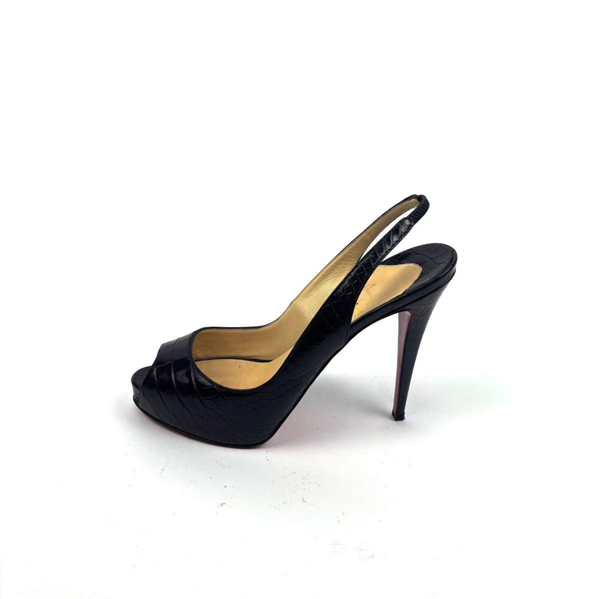 Christian Louboutin Black Croc-Embossed Peep-Toe Heels
