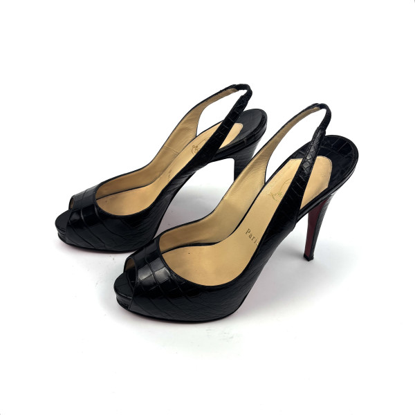 Christian Louboutin Black Croc-Embossed Peep-Toe Heels