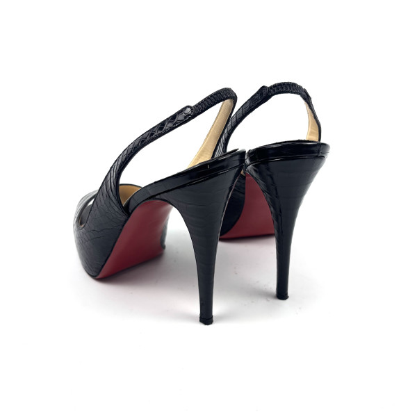 Christian Louboutin Black Croc-Embossed Peep-Toe Heels