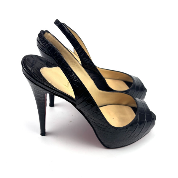 Christian Louboutin Black Croc-Embossed Peep-Toe Heels