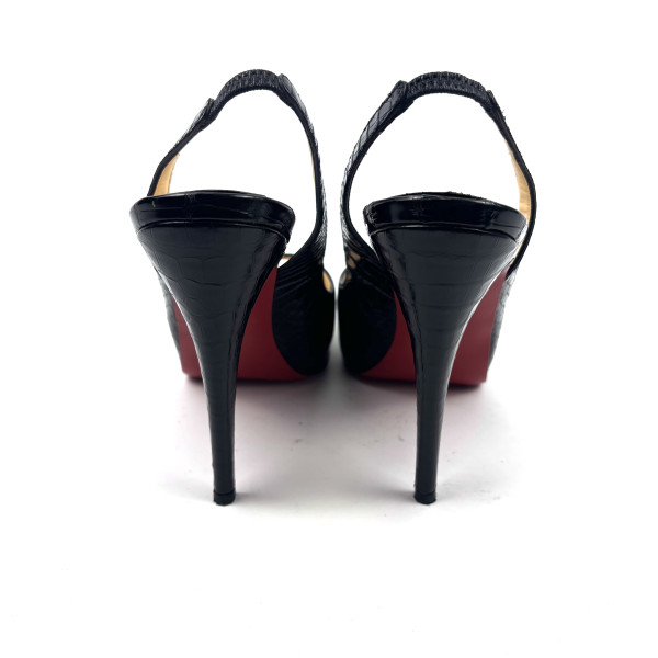 Christian Louboutin Black Croc-Embossed Peep-Toe Heels