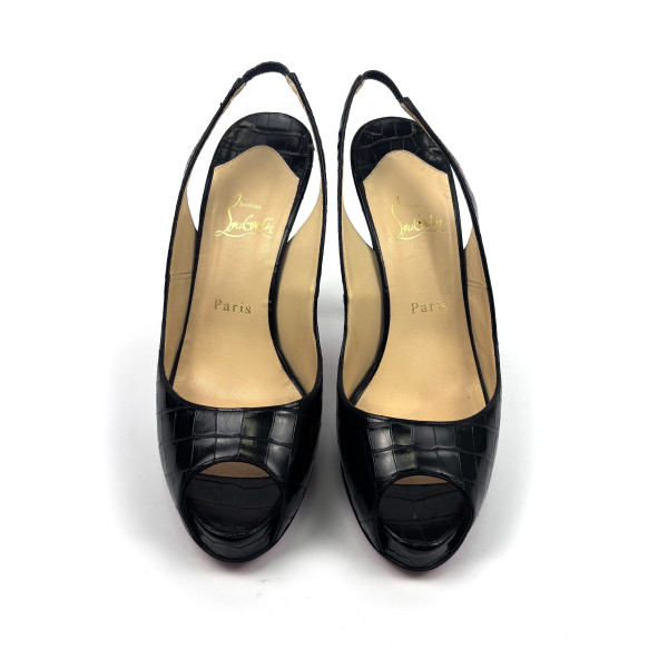 Christian Louboutin Black Croc-Embossed Peep-Toe Heels