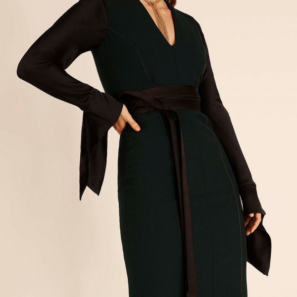 Amanda Wakeley Satin-Sleeve Belted Dress