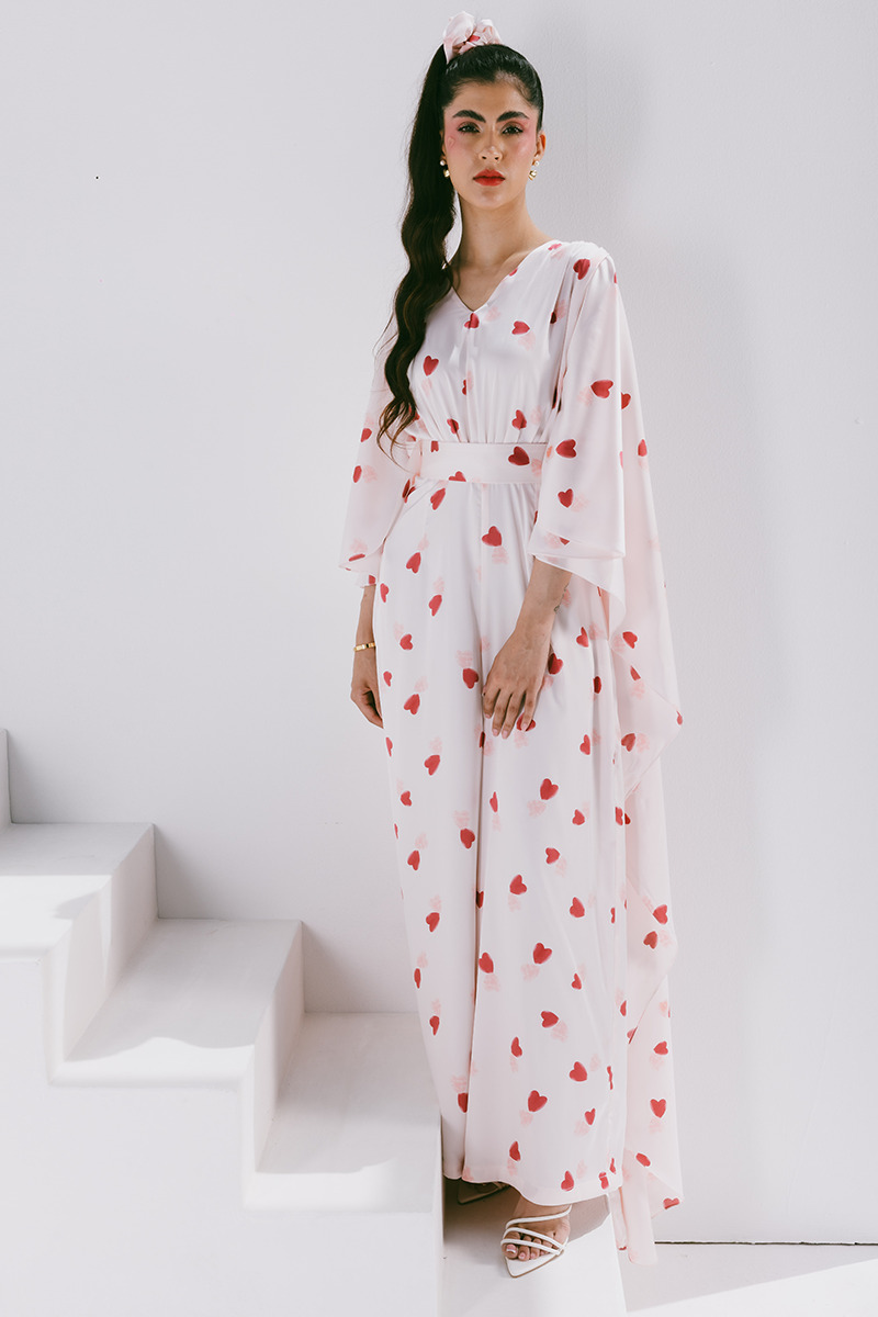 Azzalia Printed Silk Flowy Feminine Jumpsuit with Heart Shaped Stamp Print and Embroidery