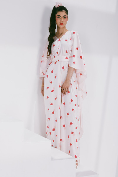 Azzalia Printed Silk Flowy Feminine Jumpsuit with Heart Shaped Stamp Print and Embroidery