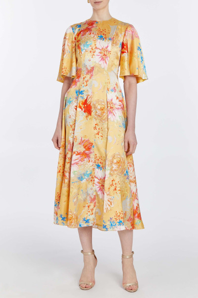 Markarian NY Sarah Yellow Printed Satin Midi Dress