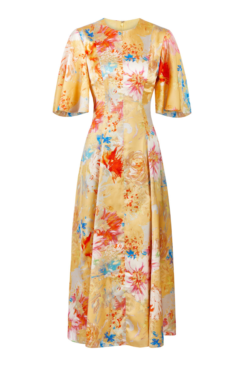Markarian NY Sarah Yellow Printed Satin Midi Dress