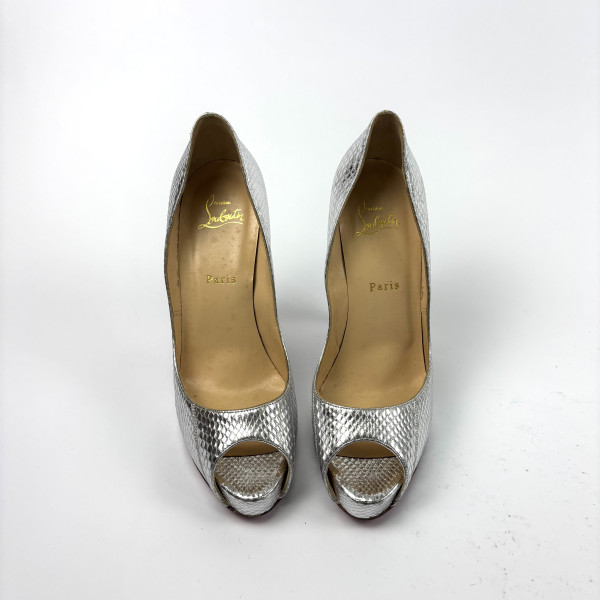 Christian Louboutin Silver Python-Effect Peep-Toe Heels