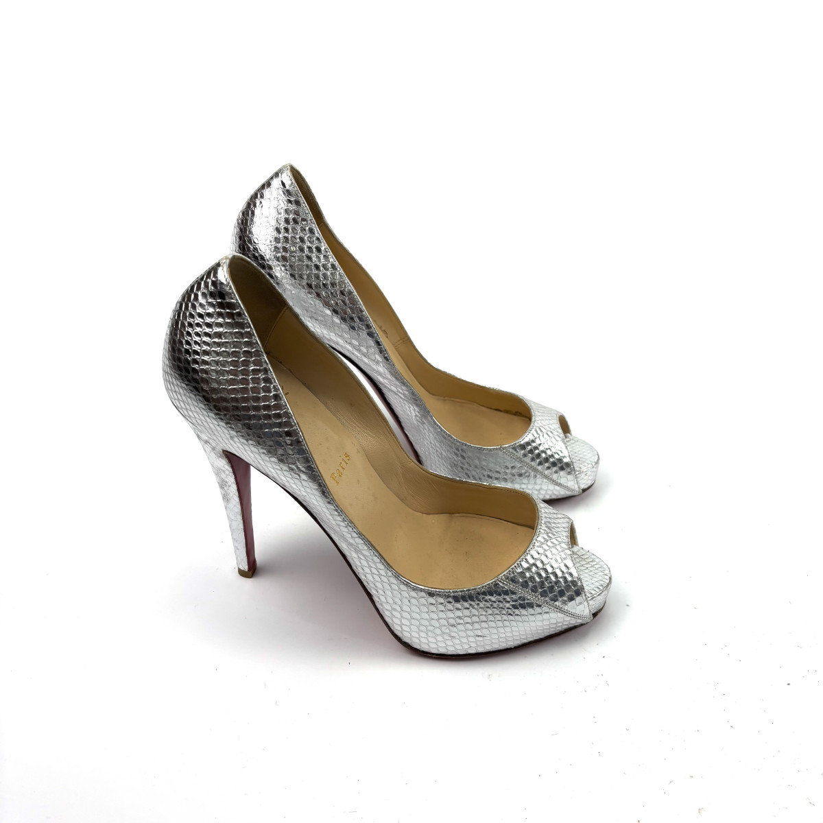Christian Louboutin Silver Python-Effect Peep-Toe Heels