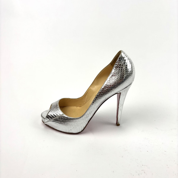 Christian Louboutin Silver Python-Effect Peep-Toe Heels