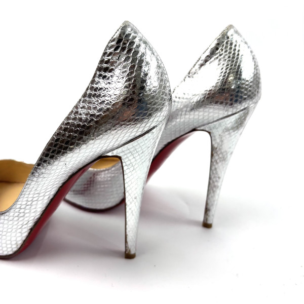 Christian Louboutin Silver Python-Effect Peep-Toe Heels