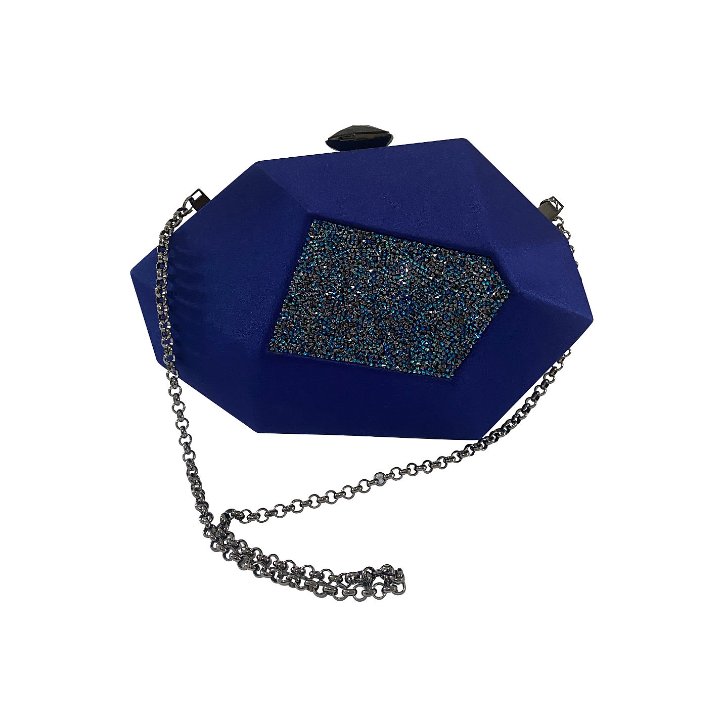 Atelier Swarovski Satin geometric clutch with crystal block shape and chain blue