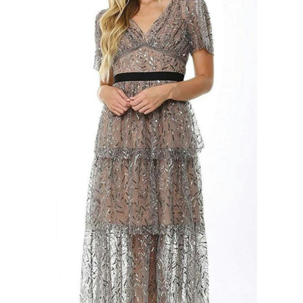 Self-Portrait Grey Nude Leaf Sequin Mesh Dress