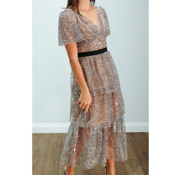 Self-Portrait Grey Nude Leaf Sequin Mesh Dress