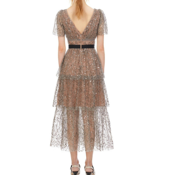 Self-Portrait Grey Nude Leaf Sequin Mesh Dress
