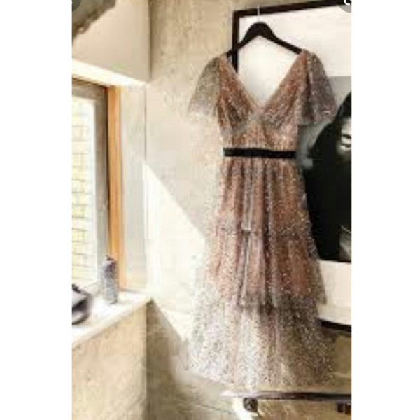 Self-Portrait Grey Nude Leaf Sequin Mesh Dress