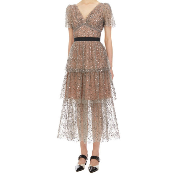 Self-Portrait Grey Nude Leaf Sequin Mesh Dress