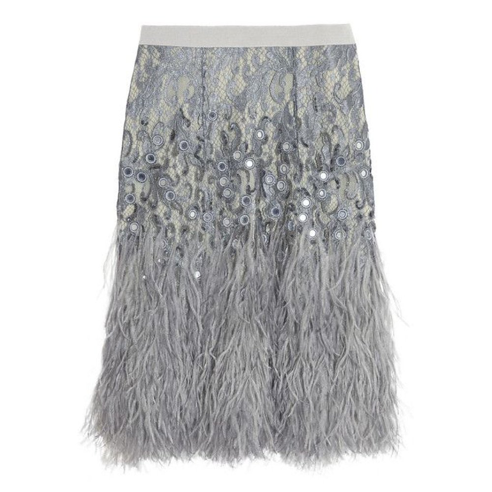 Matthew Williamson Feather-Trimmed Embellished Lace Skirt