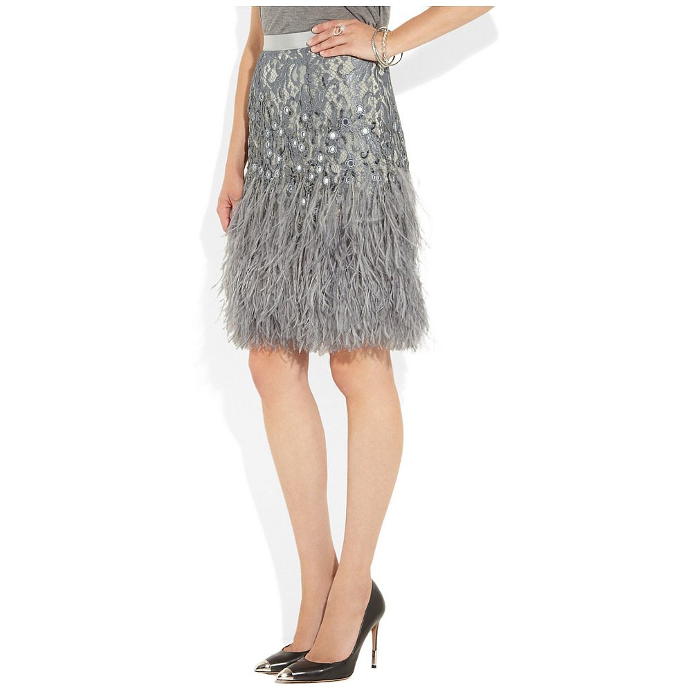 Matthew Williamson Feather-Trimmed Embellished Lace Skirt