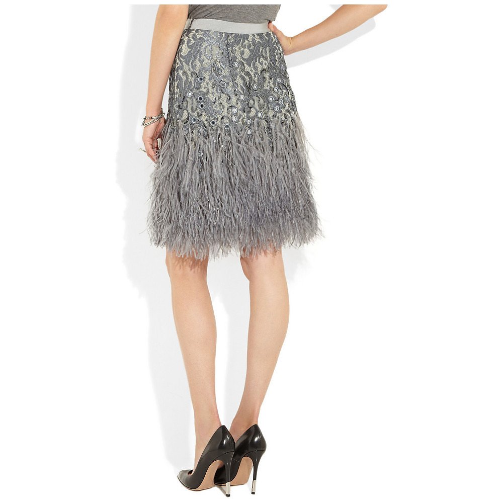 Matthew Williamson Feather-Trimmed Embellished Lace Skirt