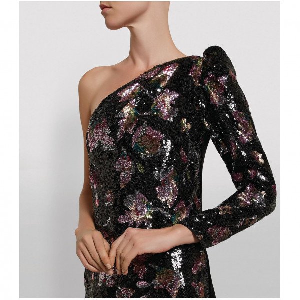 Self-Portrait One-Shoulder Floral Print Sequin Dress