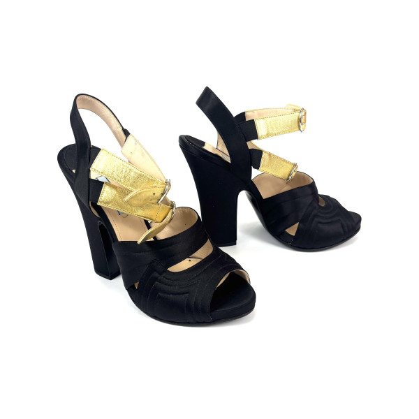 PRADA Black Peeptoe Strap Slingback Sandal