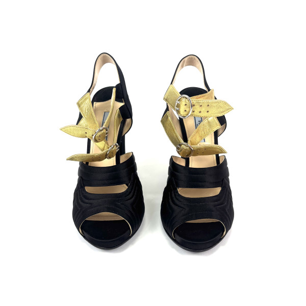 PRADA Black Peeptoe Strap Slingback Sandal