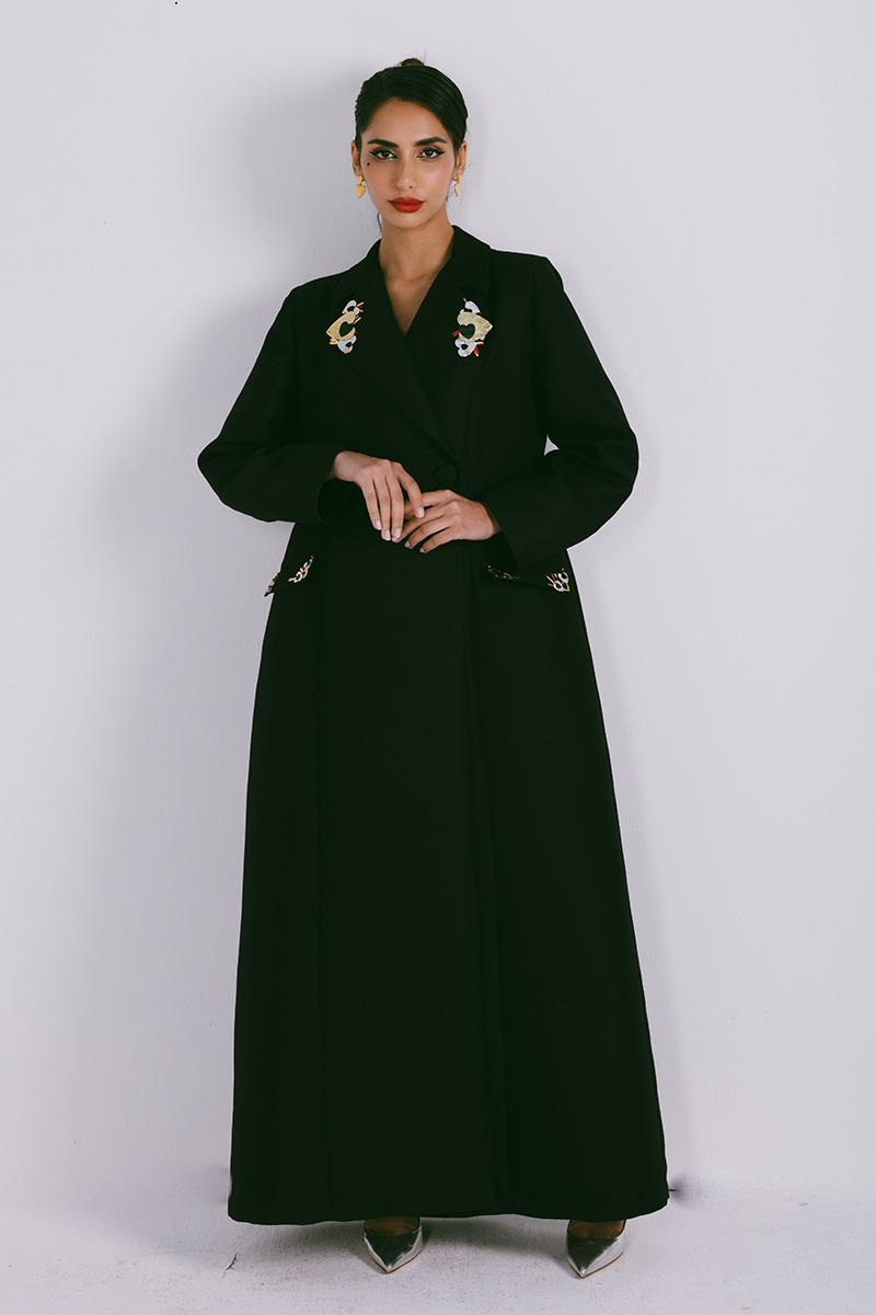 Azzalia Blazer style abaya with embellishments on lapel and pockets.