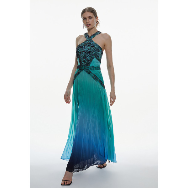 Karen Millen Embellished Ombre Print Pleated Maxi Dress