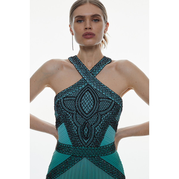 Karen Millen Embellished Ombre Print Pleated Maxi Dress