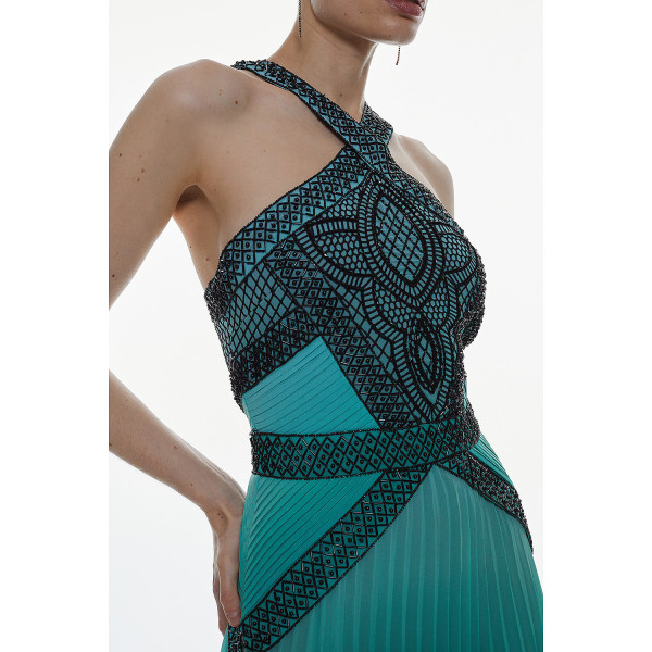 Karen Millen Embellished Ombre Print Pleated Maxi Dress