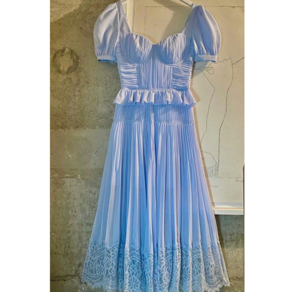 Self-Portrait Self Portrait Blue Pleated Chiffon Midi Dress
