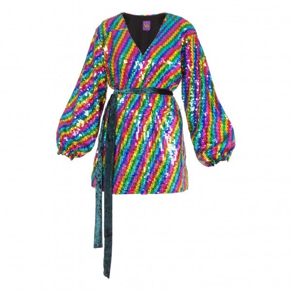 V Karla Onochie Rainbow Sequin Wrap Dress