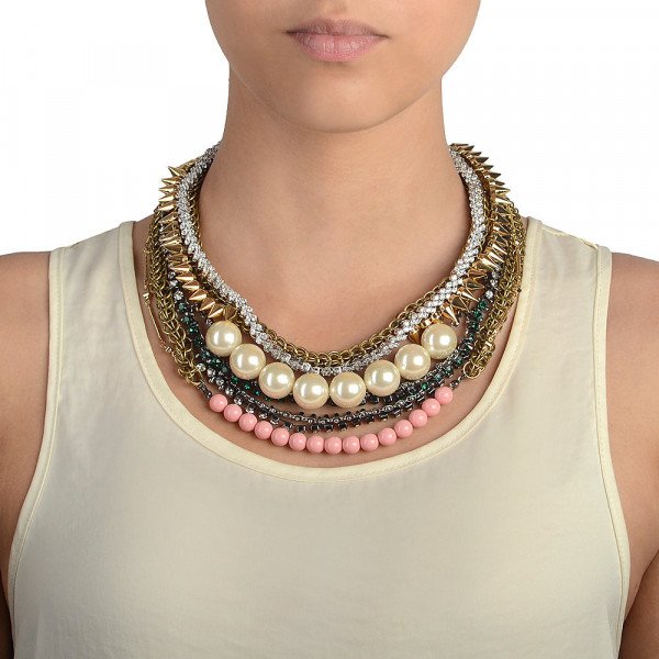 Venna Pearl Multi Chain Pink Necklace