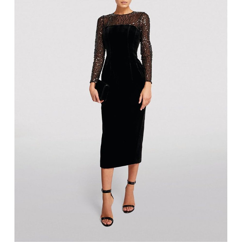 Rasario Velvet Sequin-Sleeve Midi Dress