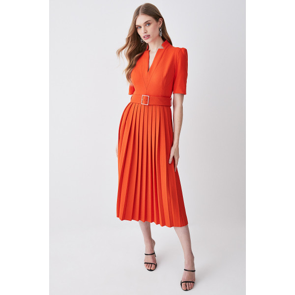 Karen Millen Structured Crepe Forever Pleat Belted Midi Dress