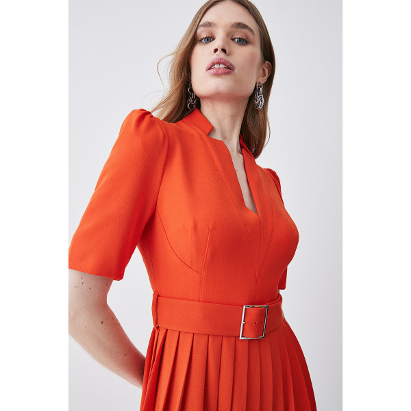 Karen Millen Structured Crepe Forever Pleat Belted Midi Dress